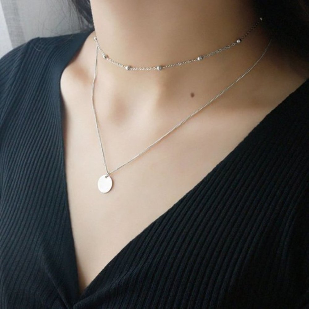 NEW Silver/Gold Double Layer Round Disc Pendant Necklace - Picture 2 of 4